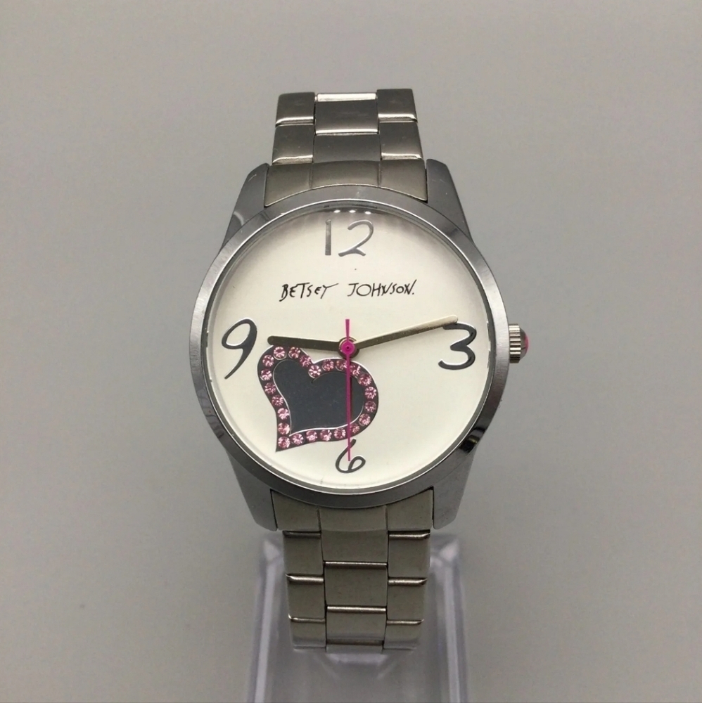 Betsey Johnson Watch Women Silver Tone Pink Crystal Heart Dial